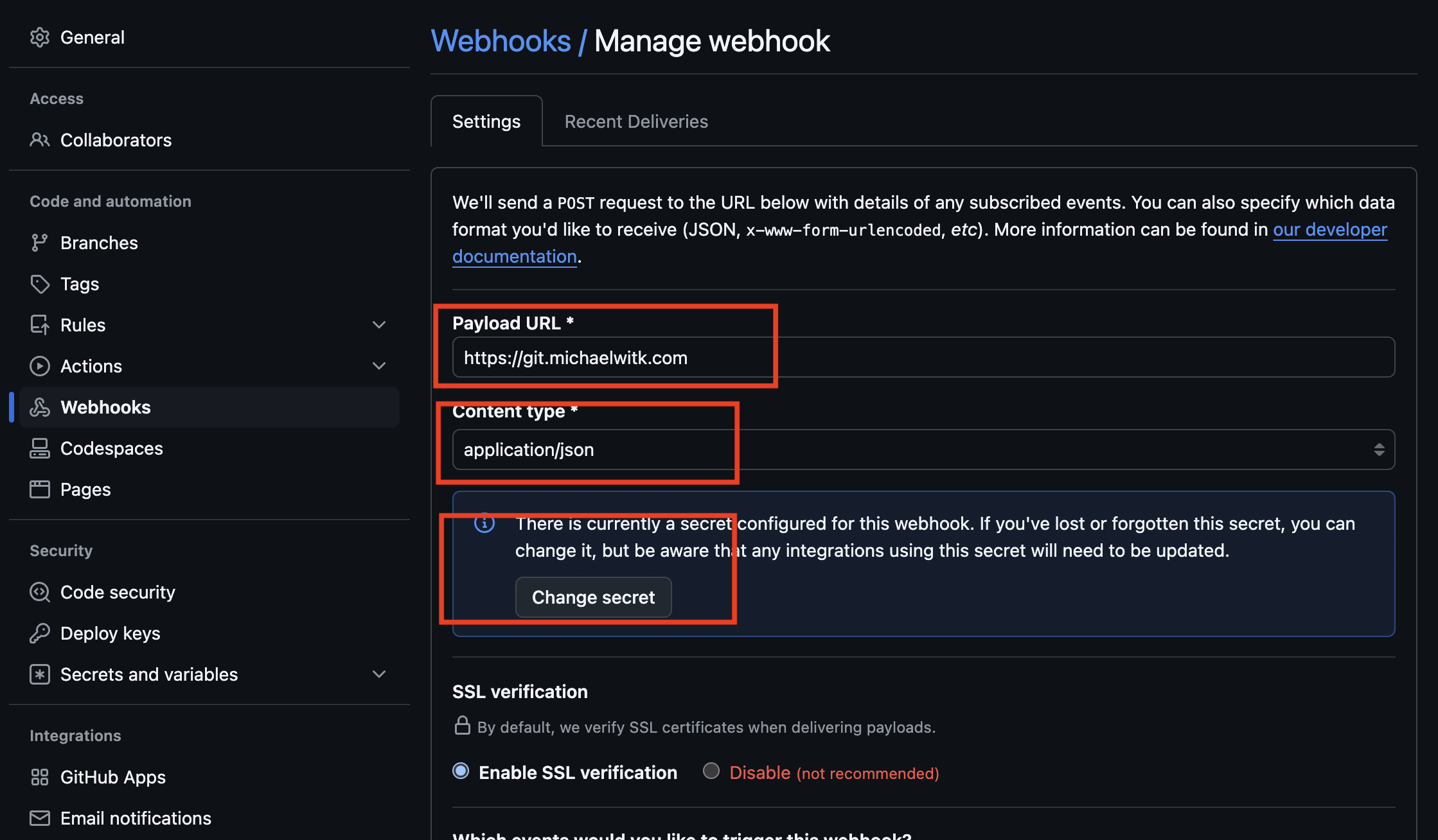 GitHub webhook creation page